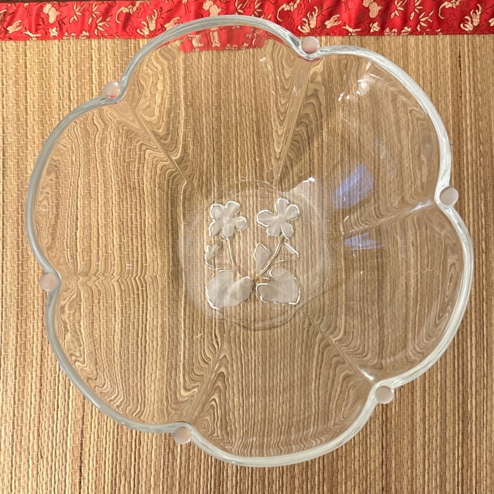 Glass Scalloped Bowl Vintage With Flowers Floral Pattern